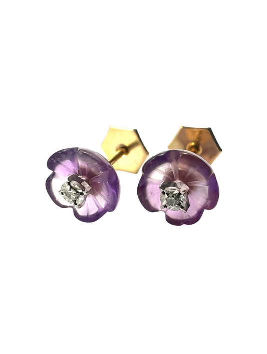 Vintage 9CT Gold Diamond and Amethyst Flower Stud Earrings
