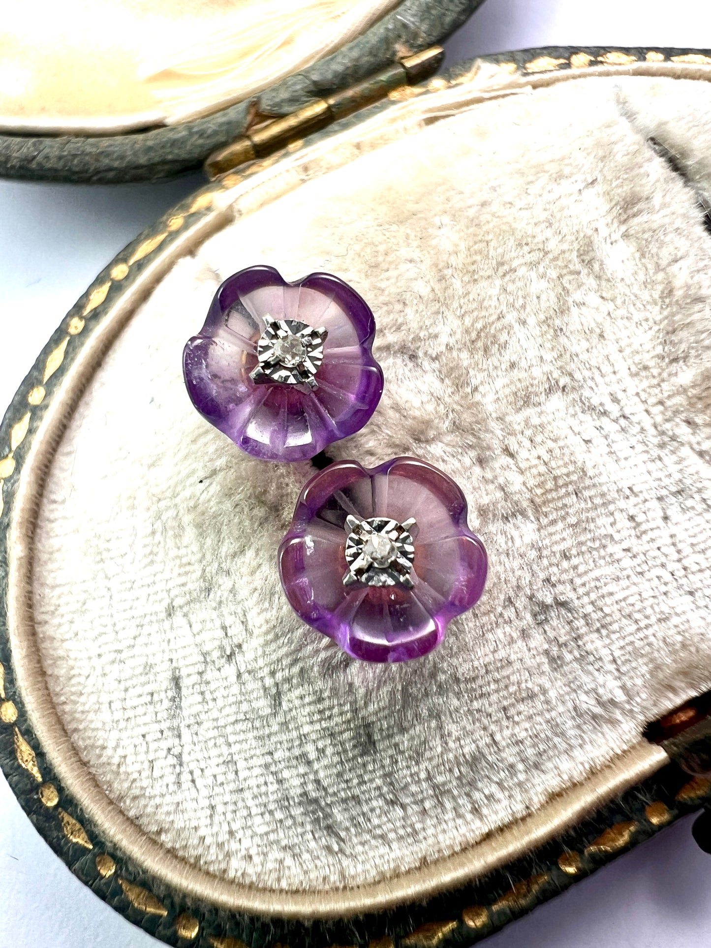 Vintage 9CT Gold Diamond and Amethyst Flower Stud Earrings