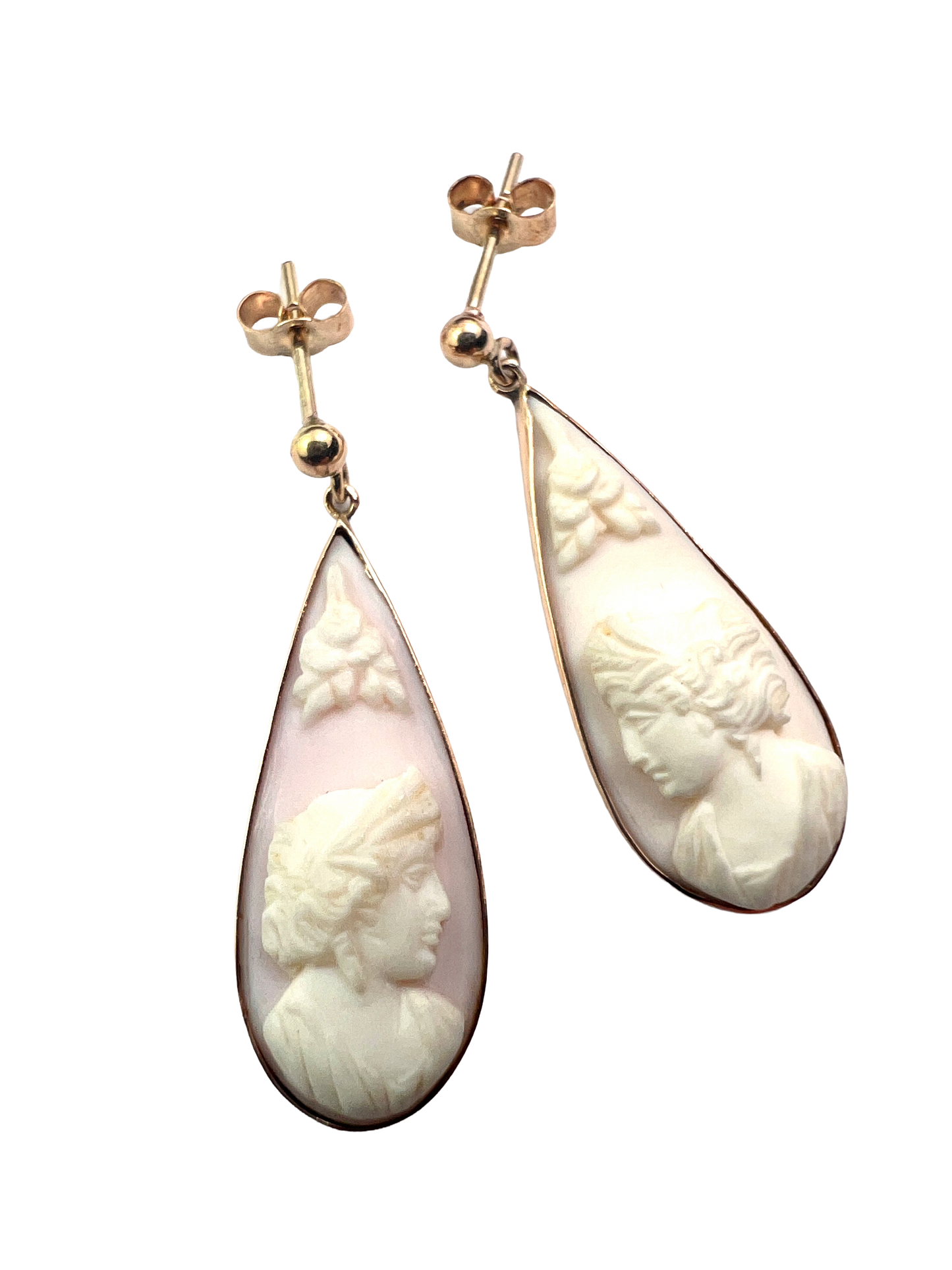 Antique 9CT Gold Classical Shell Cameo Teardrop Earrings