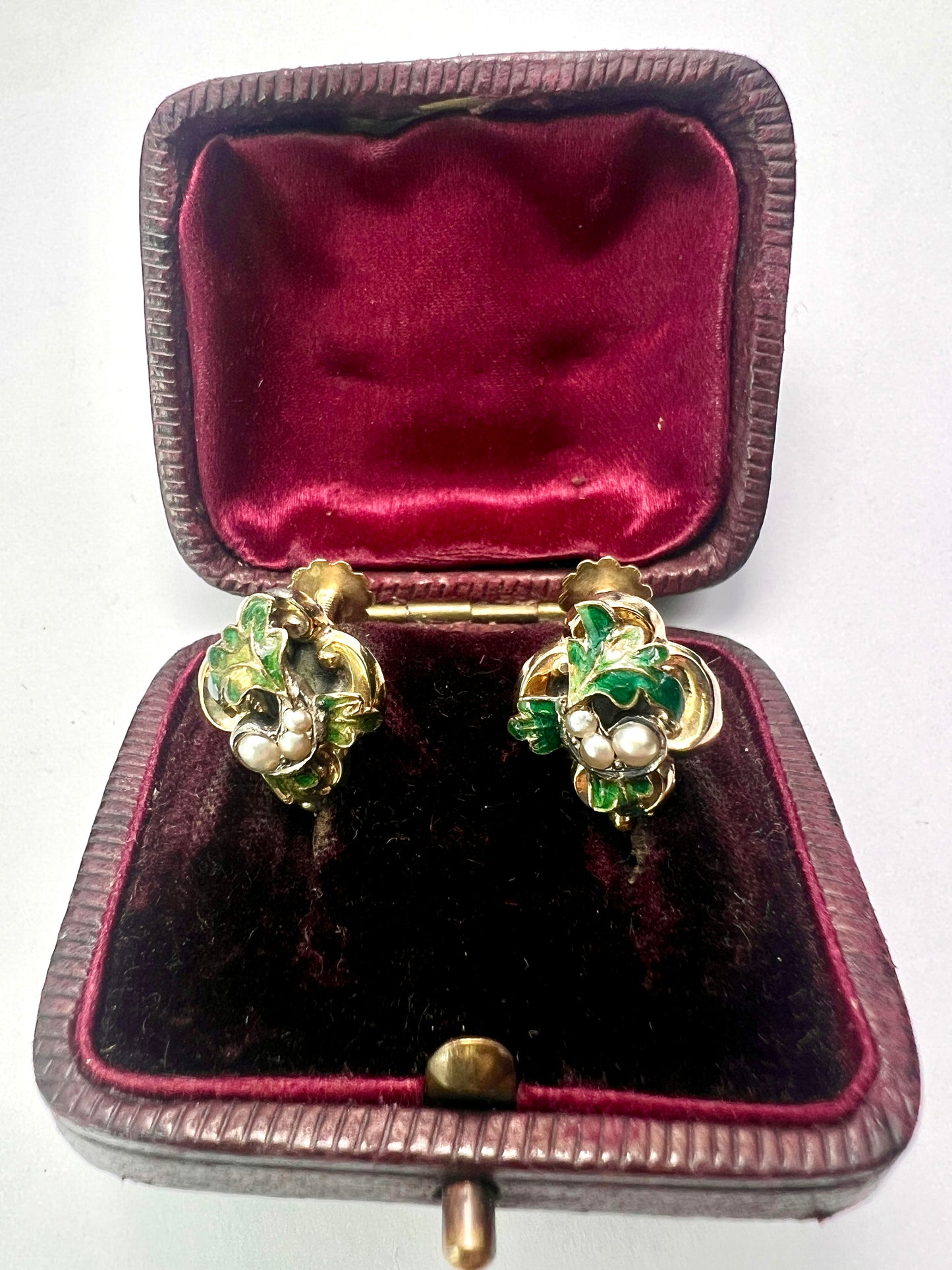 Victorian Gold Enamel and Pearl Oak Leaf Earrings
