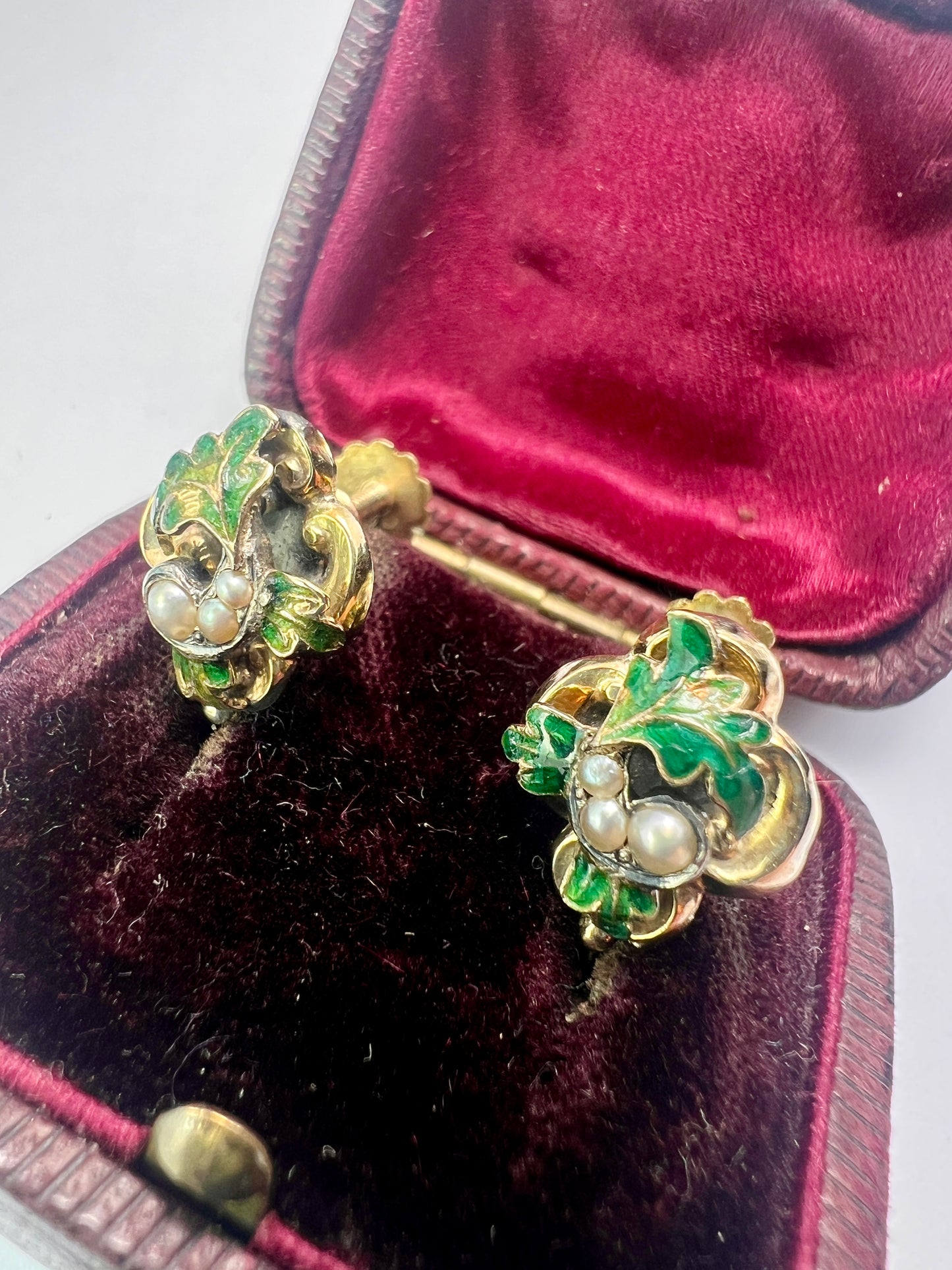 Victorian Gold Enamel and Pearl Oak Leaf Earrings