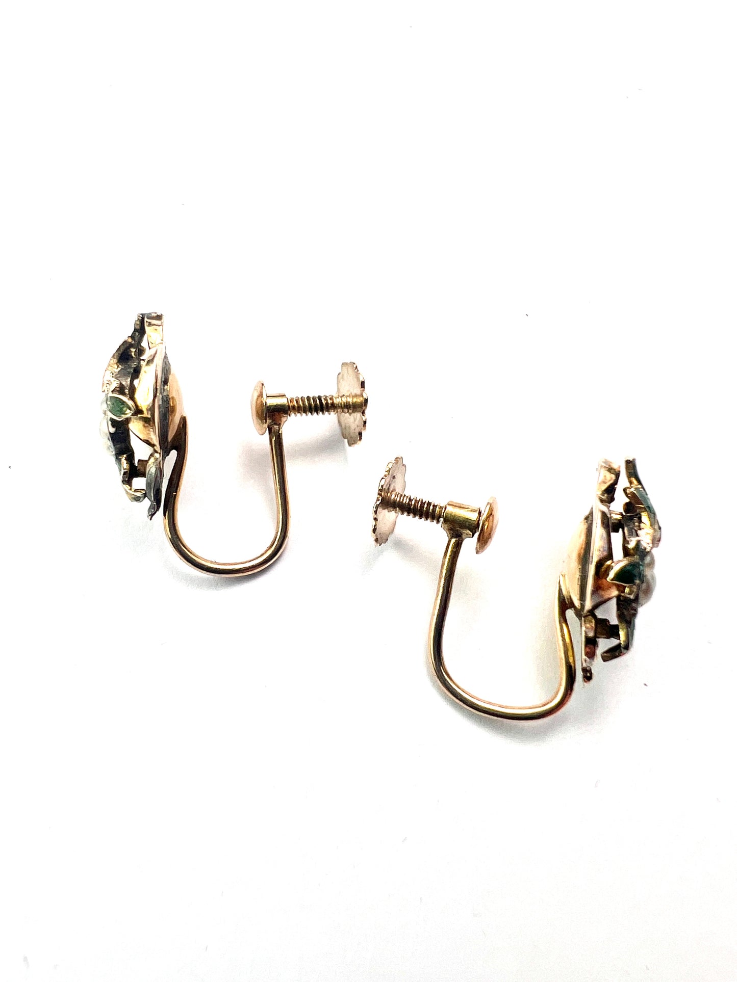 Victorian Gold Enamel and Pearl Oak Leaf Earrings
