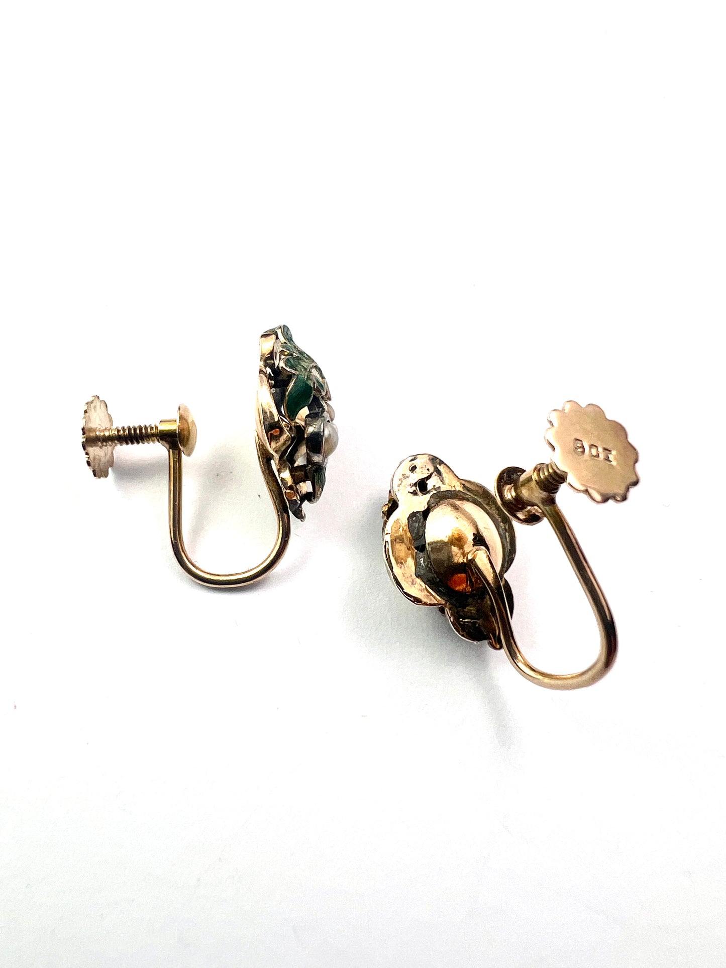 Victorian Gold Enamel and Pearl Oak Leaf Earrings