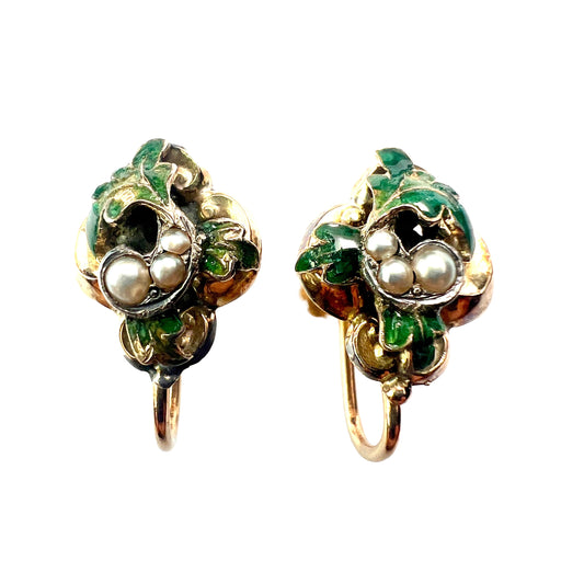 Victorian Gold Enamel and Pearl Oak Leaf Earrings