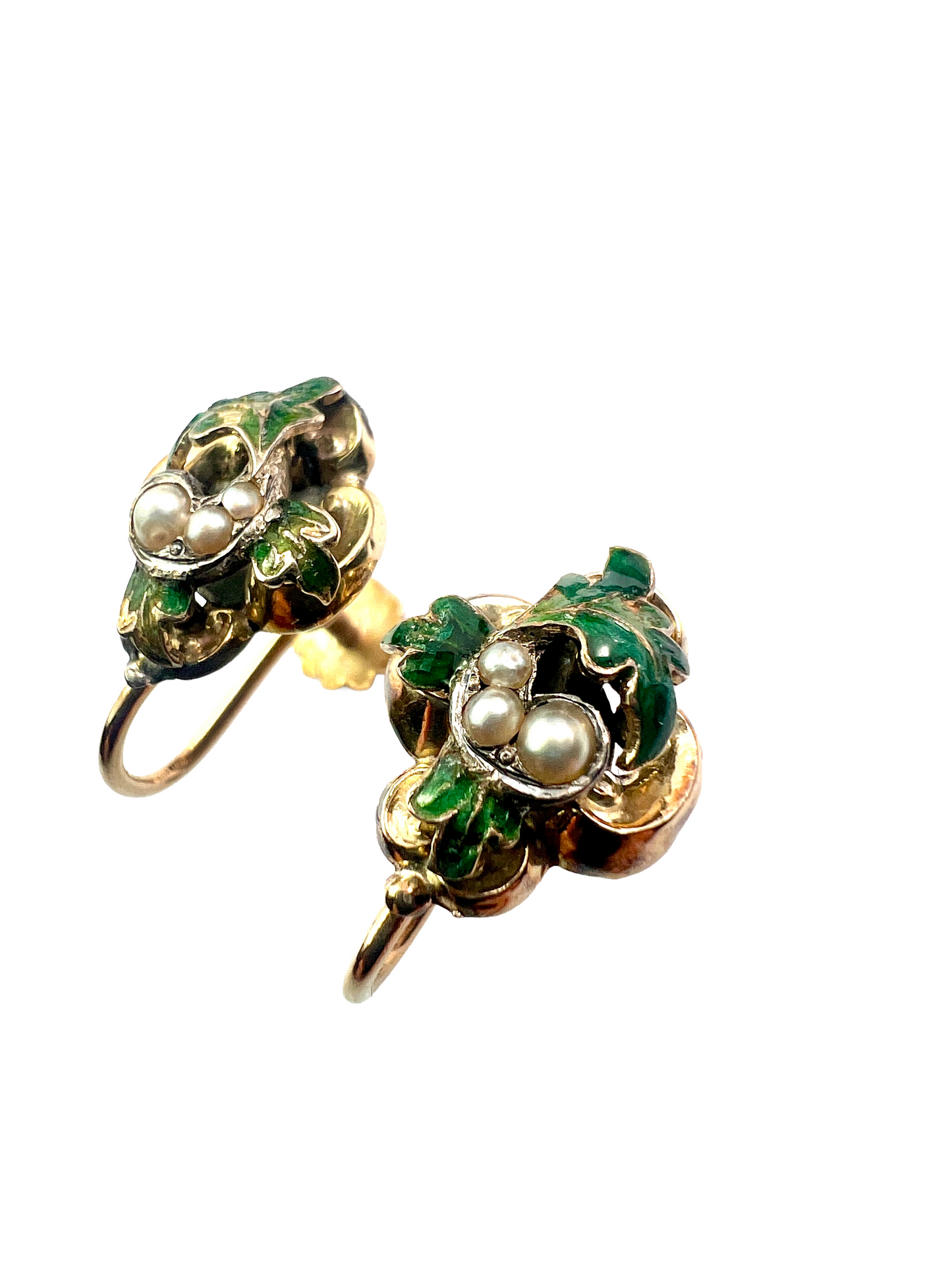 Victorian Gold Enamel and Pearl Oak Leaf Earrings