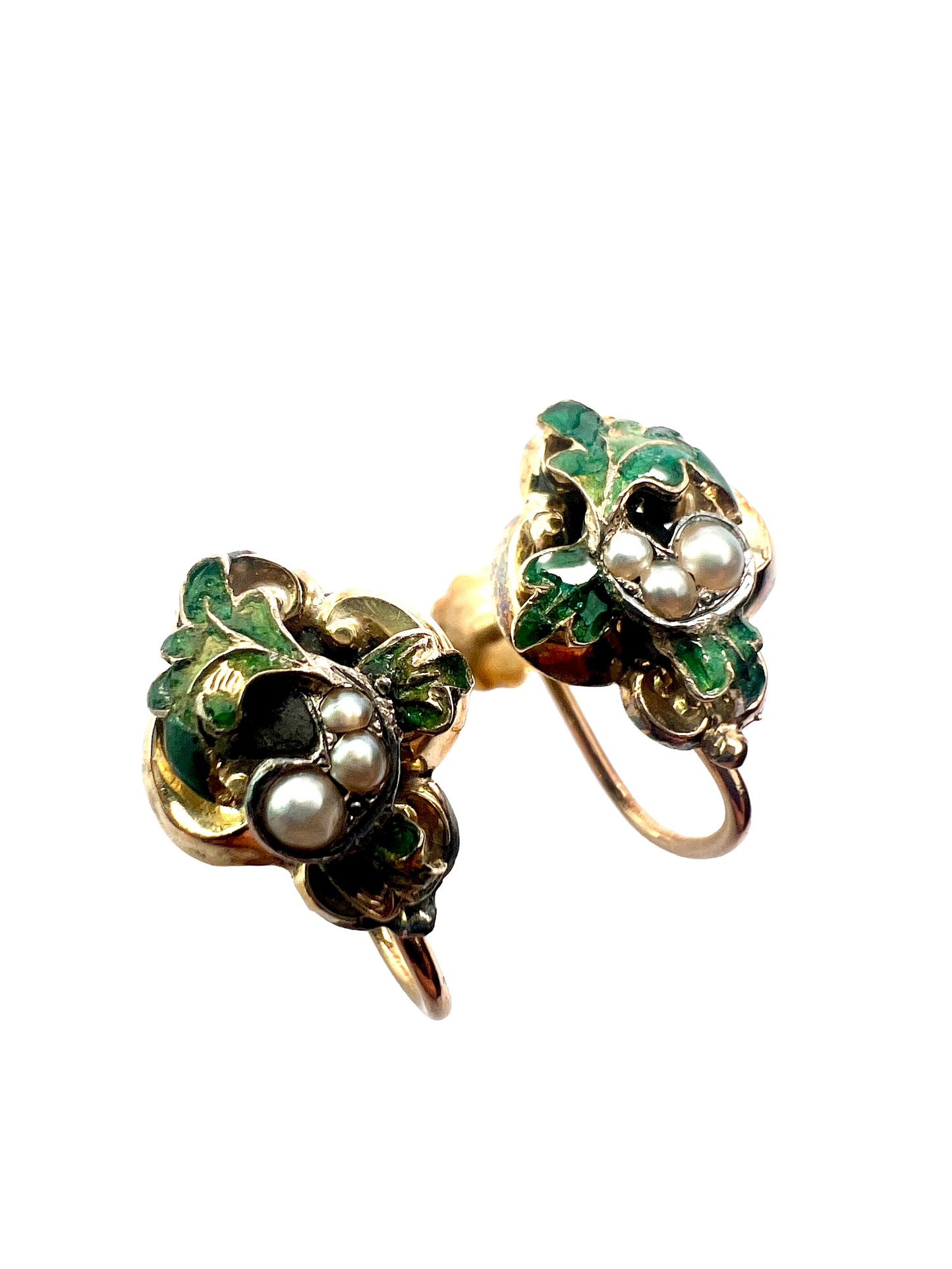 Victorian Gold Enamel and Pearl Oak Leaf Earrings