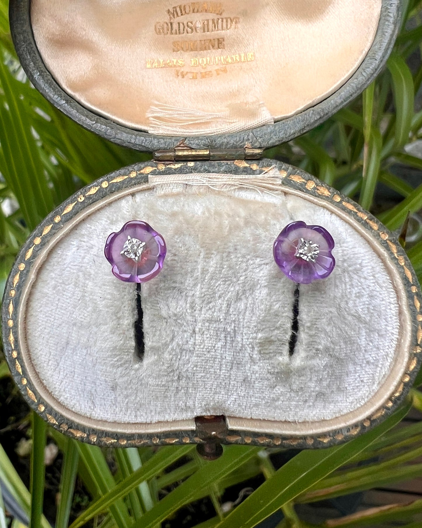 Vintage 9CT Gold Diamond and Amethyst Flower Stud Earrings