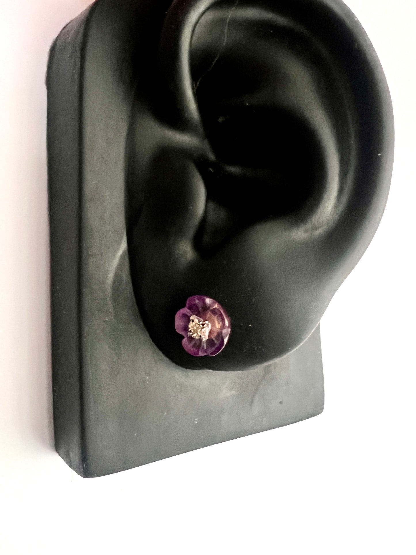 Vintage 9CT Gold Diamond and Amethyst Flower Stud Earrings