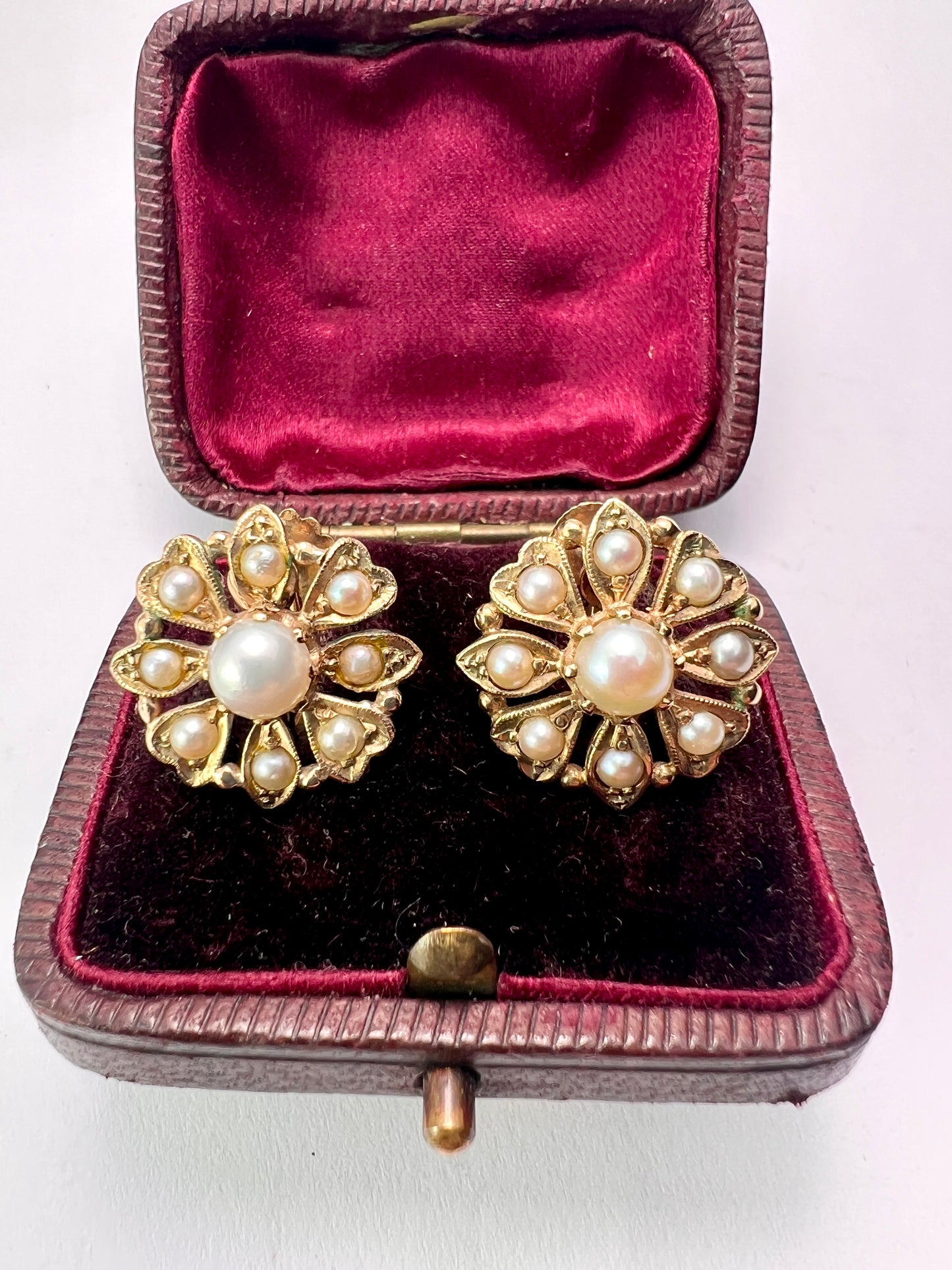 Victorian 9CT Gold Pearl Flower Cluster Earrings