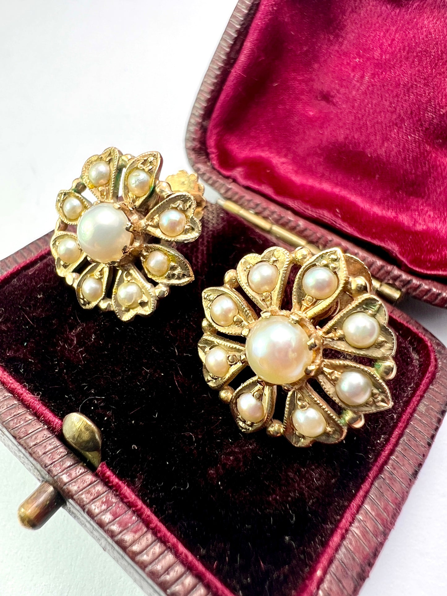 Victorian 9CT Gold Pearl Flower Cluster Earrings