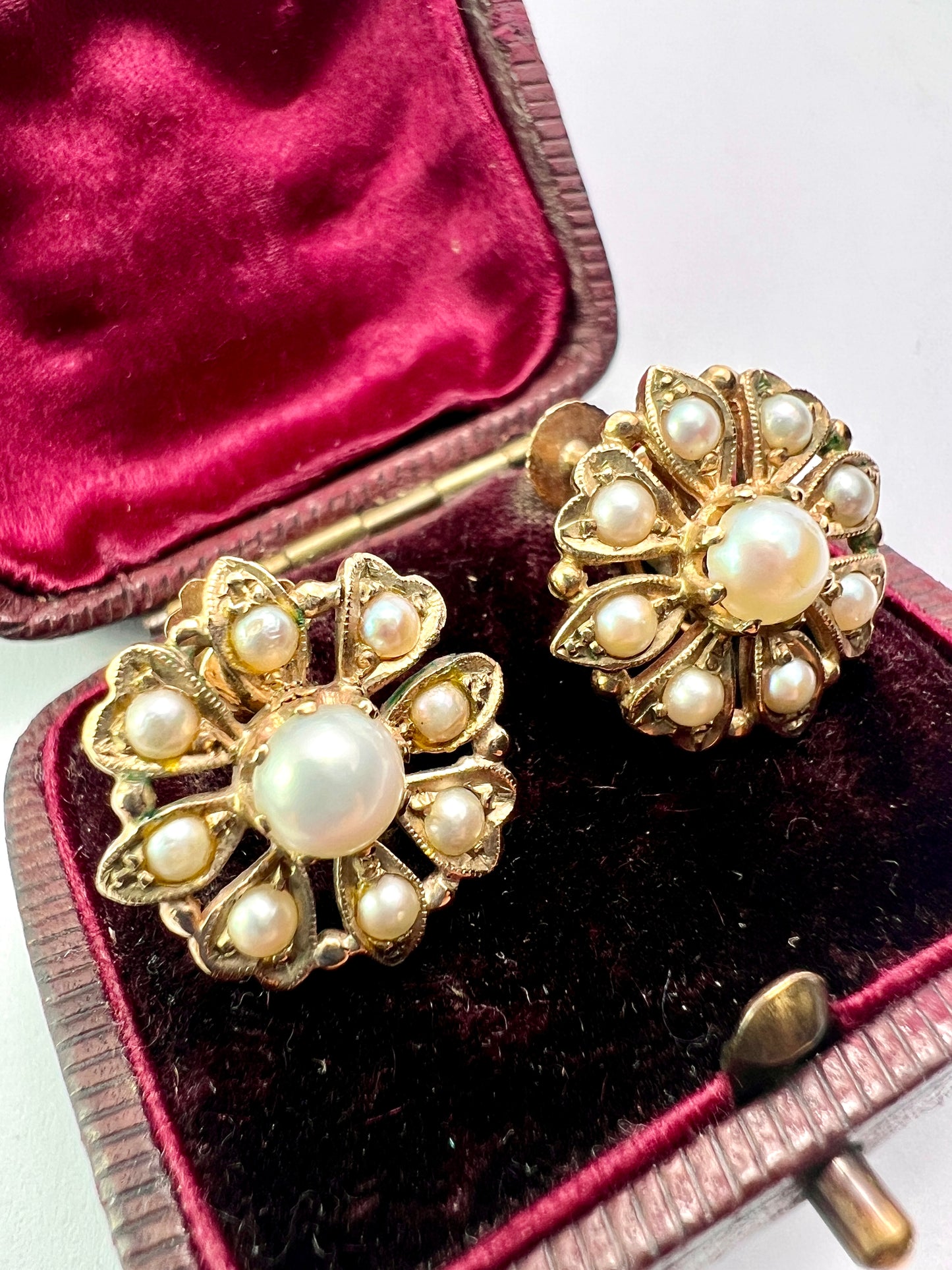 Victorian 9CT Gold Pearl Flower Cluster Earrings
