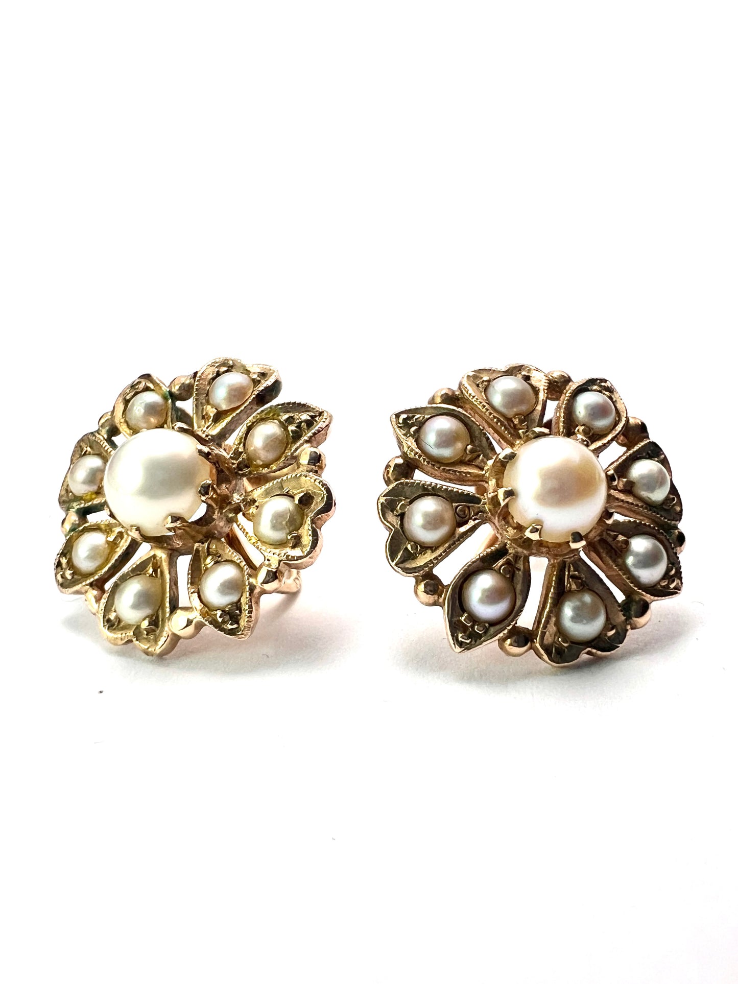 Victorian 9CT Gold Pearl Flower Cluster Earrings