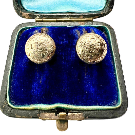 Vintage Deakin & Francis Gold Engraved Button Stud Earrings