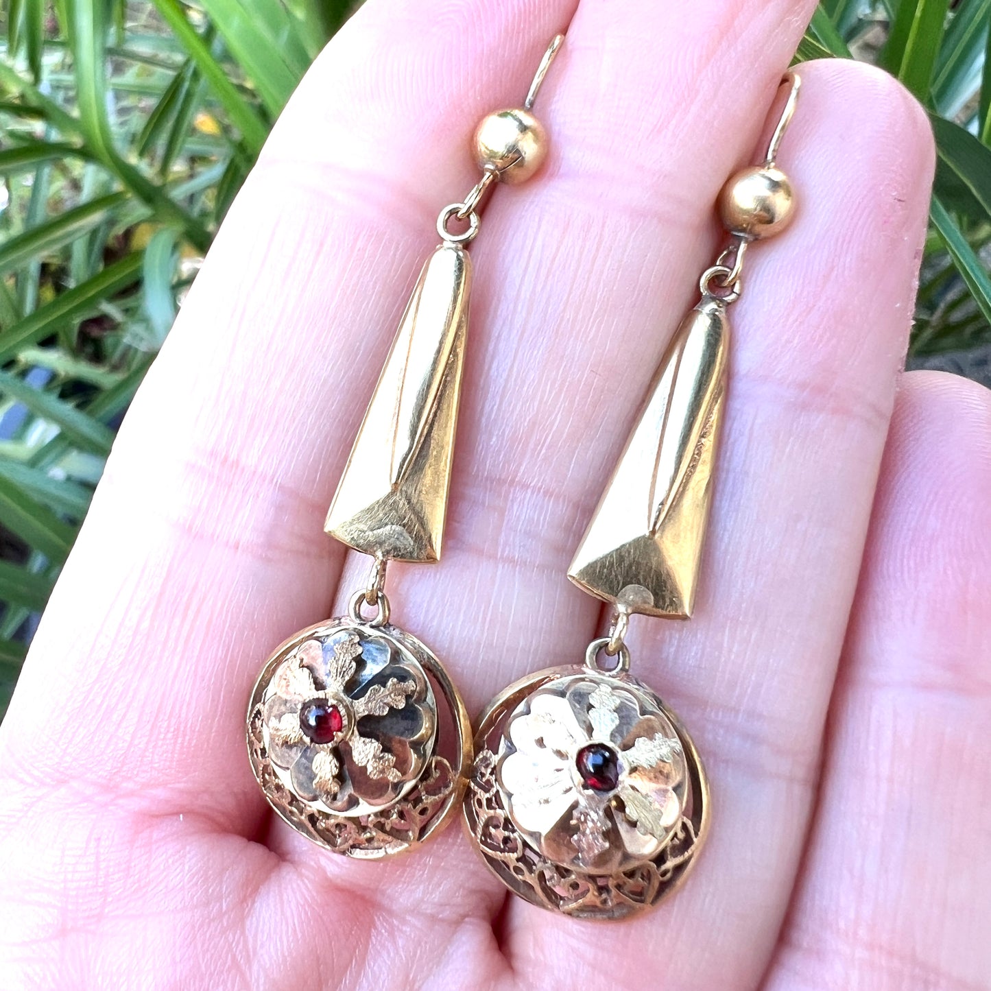 Victorian Garnet Etruscan Revival 9CT Gold Long Drop Earrings