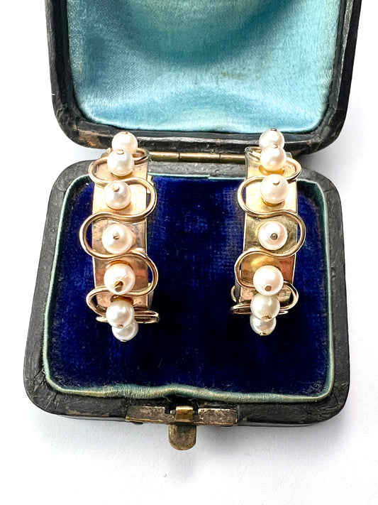 Rare Vintage Pearl 9CT Gold Hoop Earrings