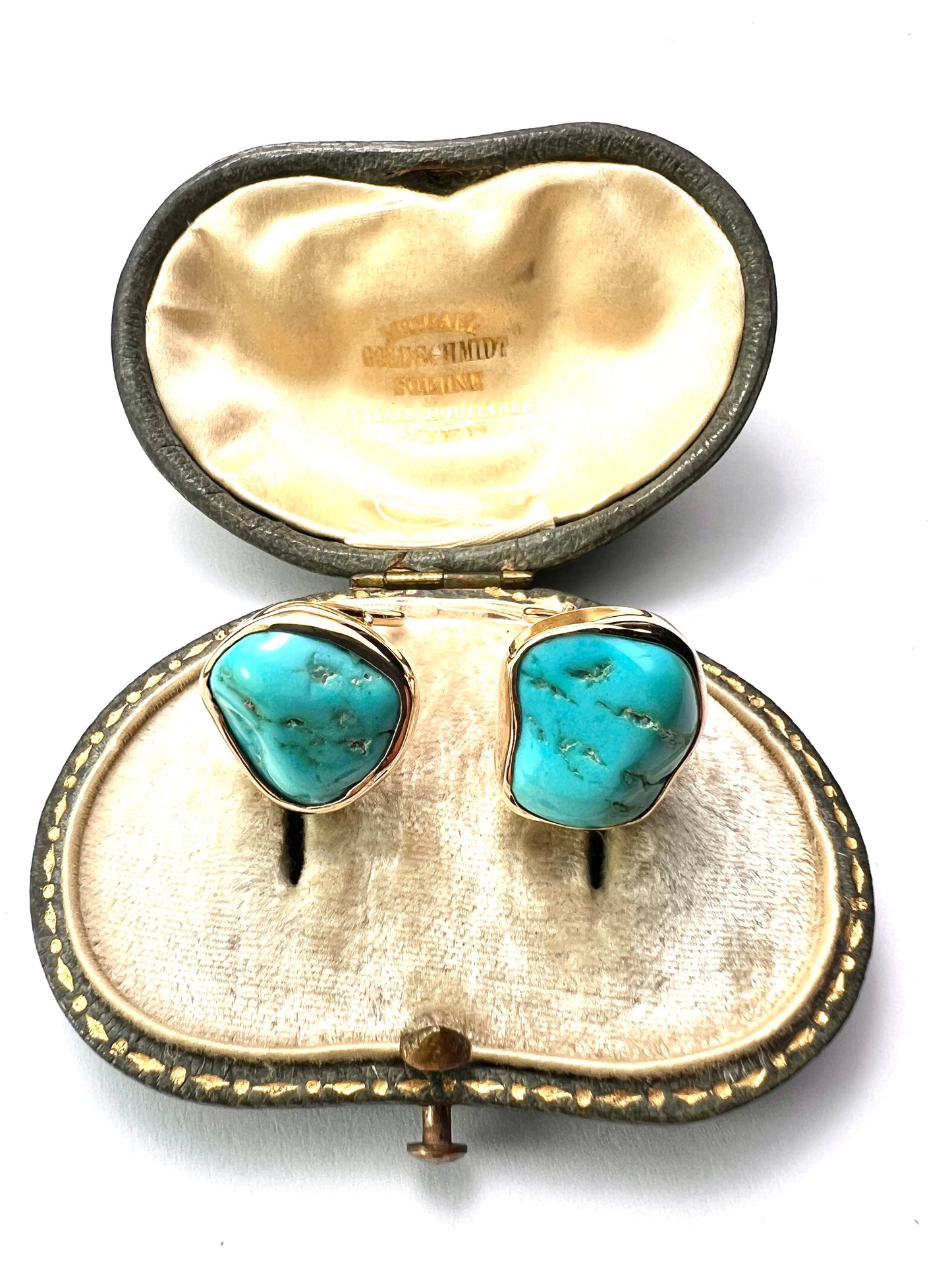 Vintage Modernist 9CT Gold Turquoise Matrix Ear Clips