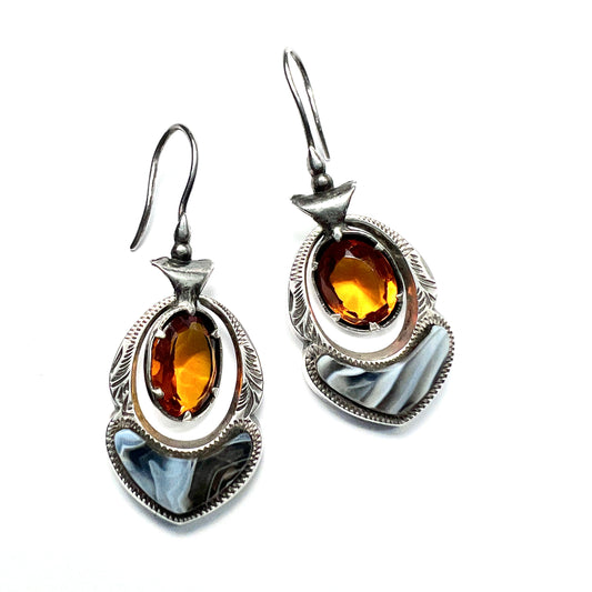 Victorian Scottish Agate Sterling Silver Pendant Earrings