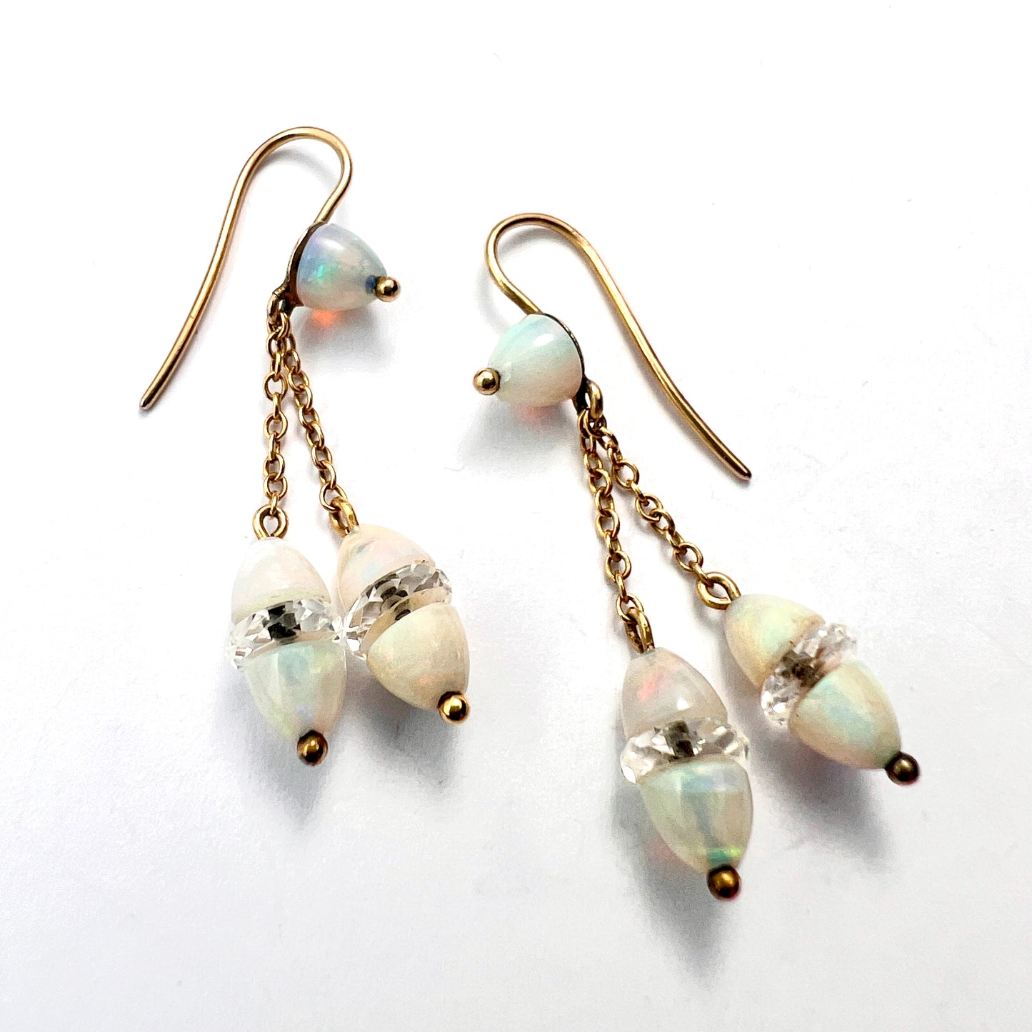 Edwardian 18CT Gold Opal and Rock Crystal Egg Earrings