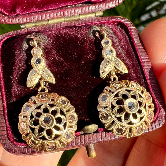 Vintage 18CT Gold Rose Cut Paste Flower Earrings