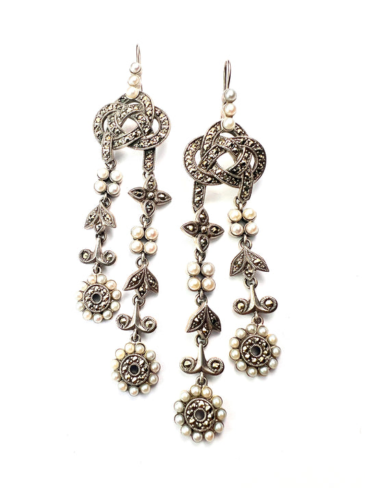 Large Vintage Silver Chandelier Marcasite and Pearl Earrings