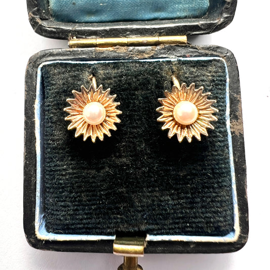 Vintage 9CT Gold Pearl Sunflower Earrings