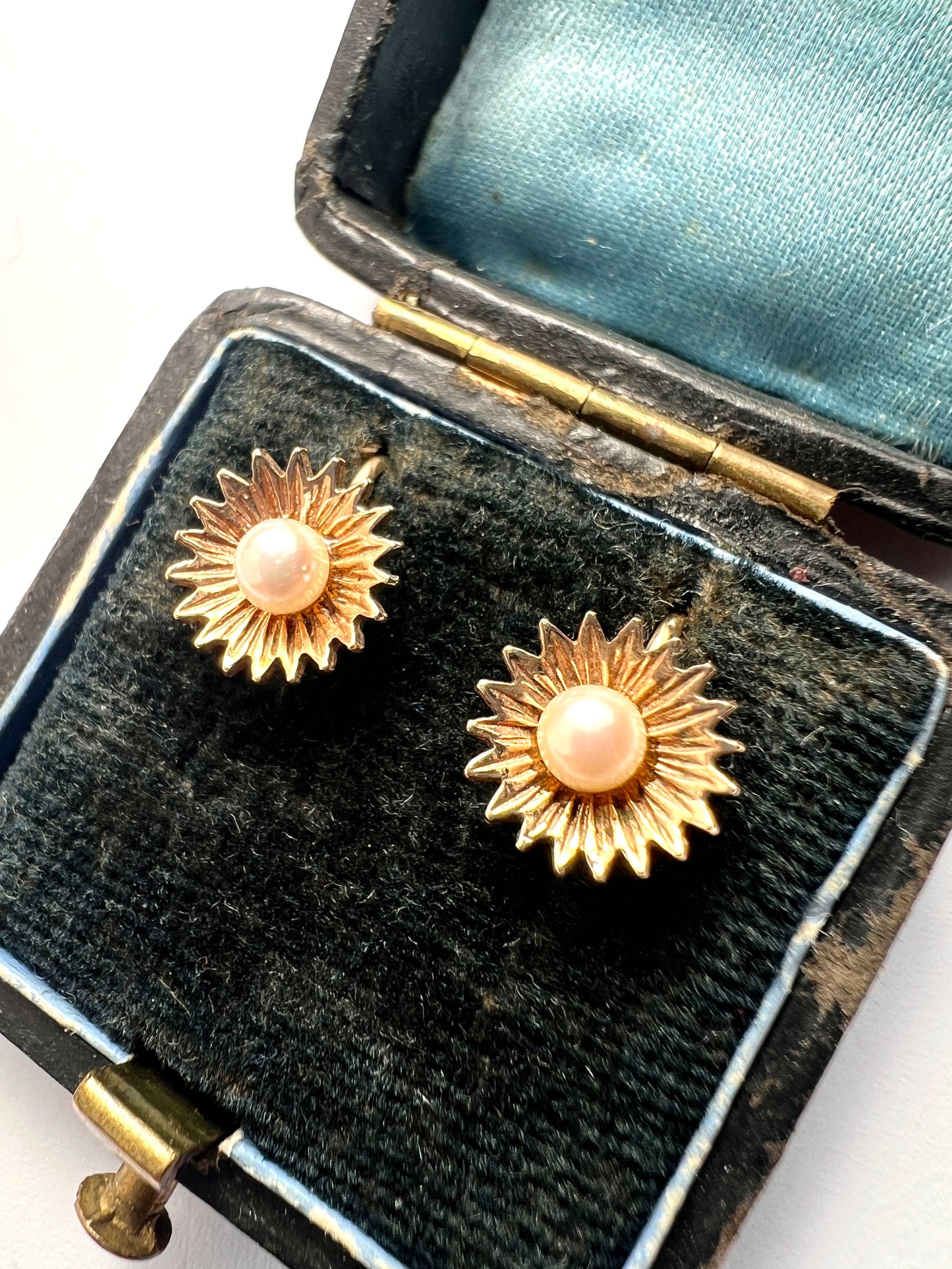 Vintage 9CT Gold Pearl Sunflower Earrings
