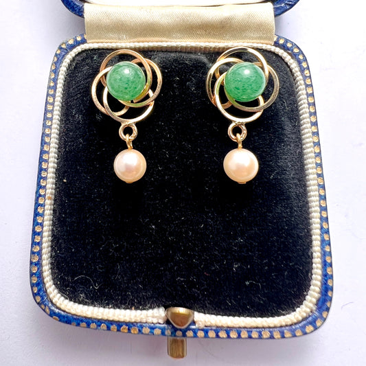Vintage 14CT Gold Knot Aventurine Pearl Earrings