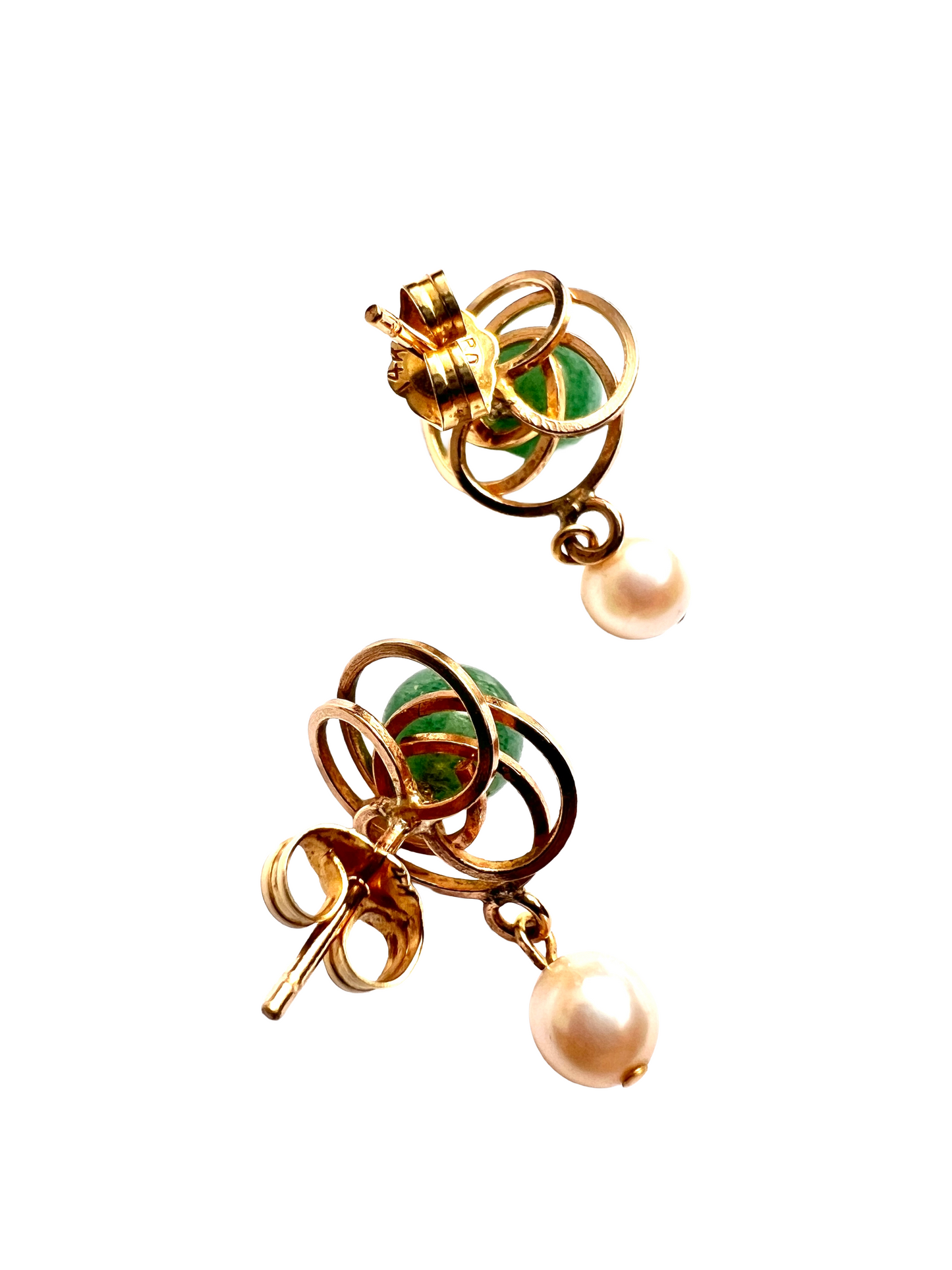 Vintage 14CT Gold Knot Aventurine Pearl Earrings