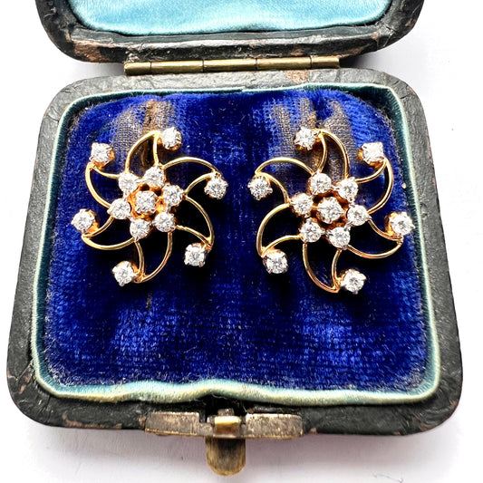 Vintage 18CT Gold Diamond Swirl Stud Earrings