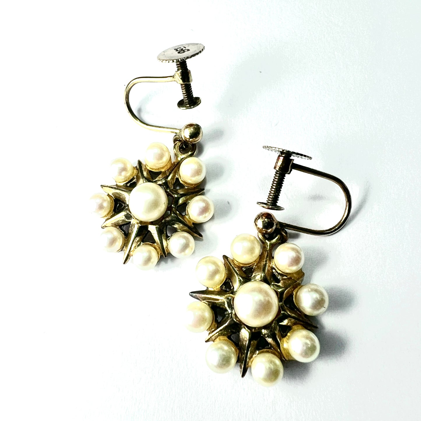 Antique 9CT Gold Pearl Cluster Sunburst Screwback Earrings