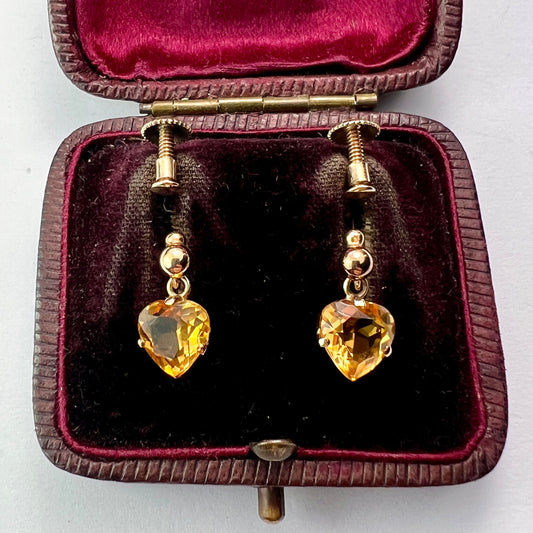 Vintage Deakin & Francis 9CT Gold Citrine Heart Drop Earrings