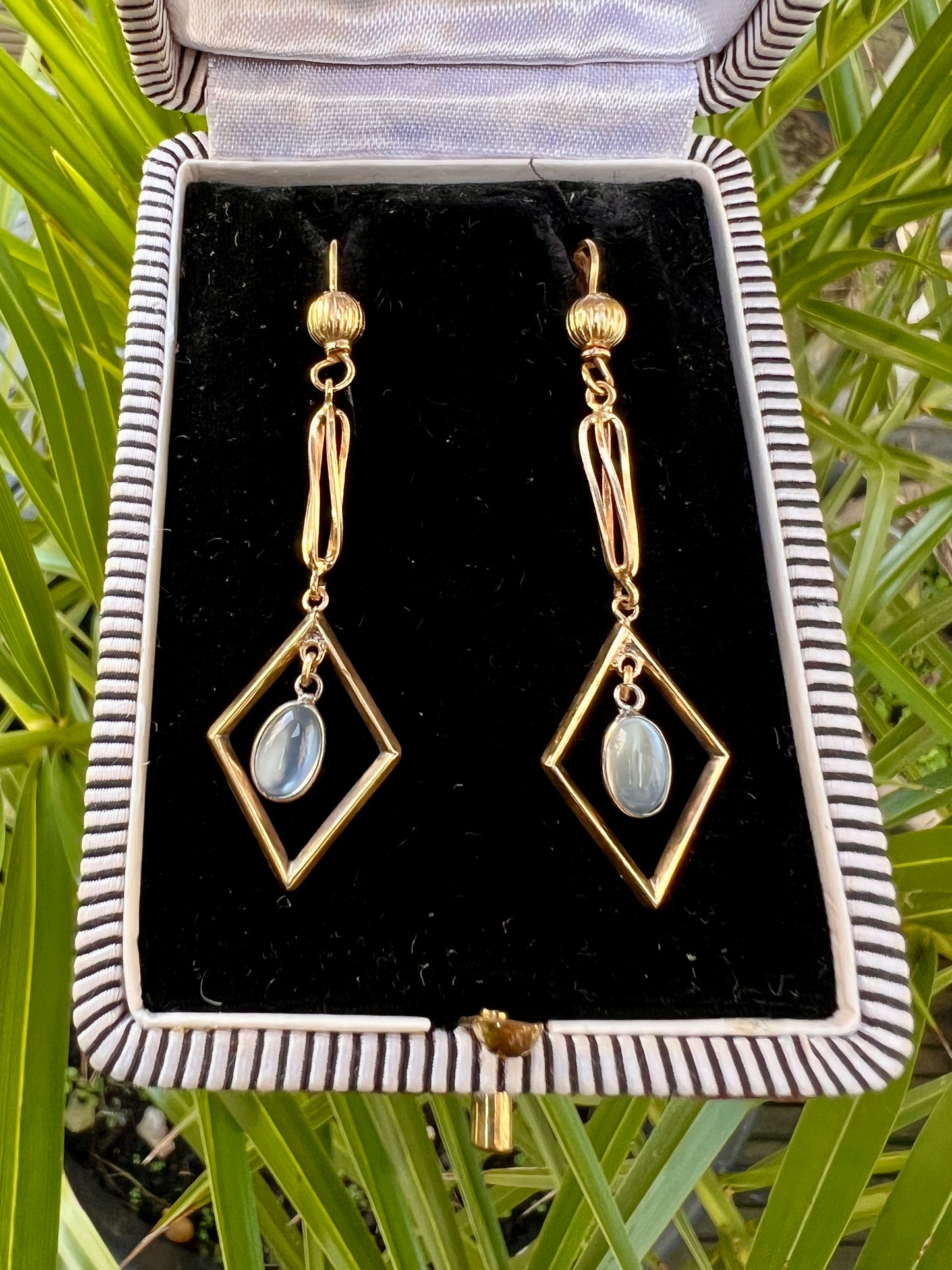 Vintage Gold Moonstone Diamond Dangle Earrings
