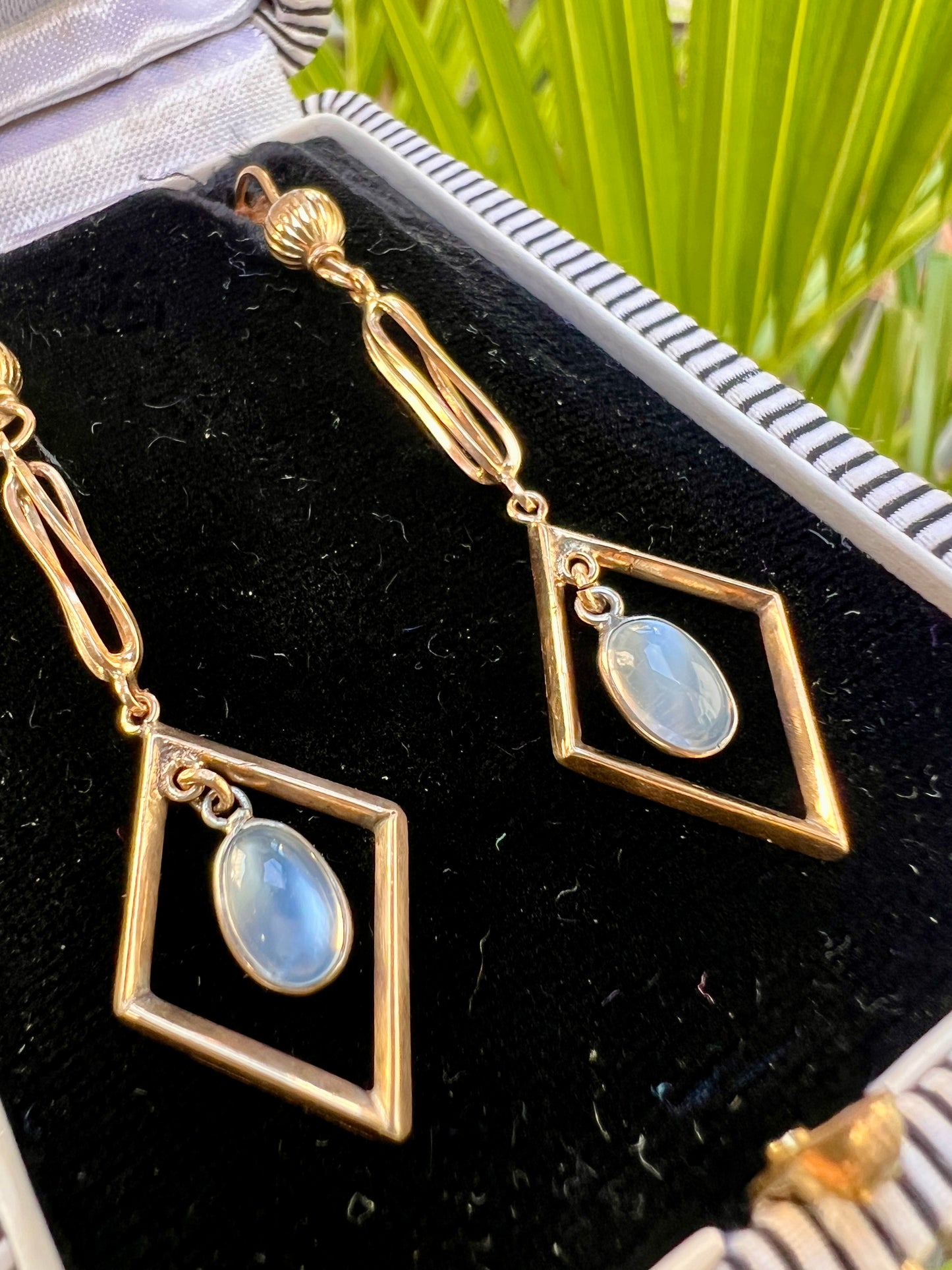 Vintage Gold Moonstone Diamond Dangle Earrings