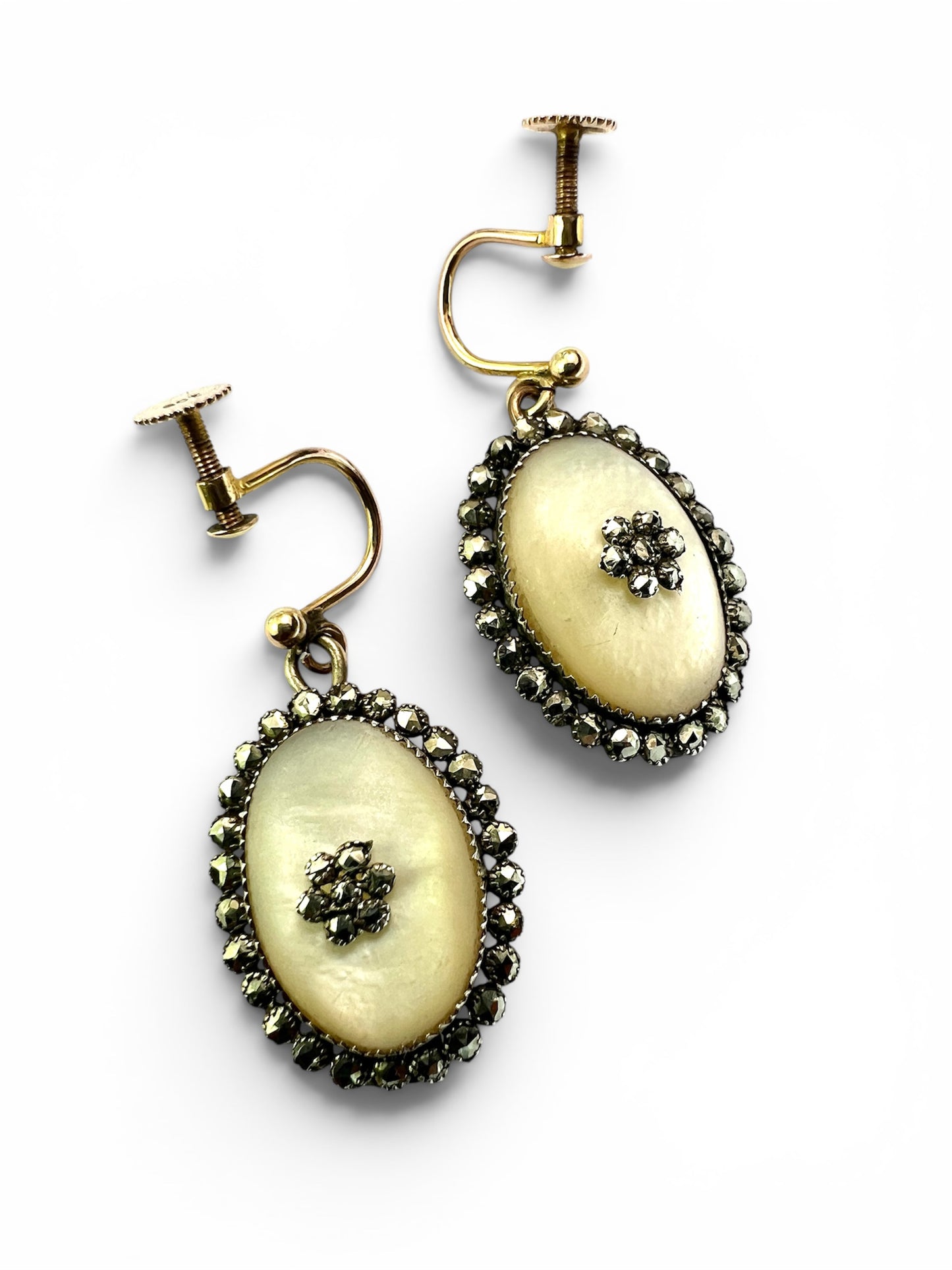 Georgian Silver and Gold Mother of Pearl Marcasite Drop Earrings