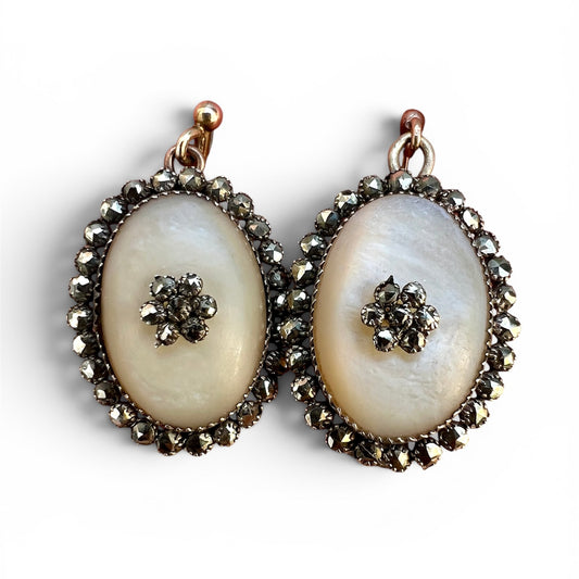 Georgian Silver and Gold Mother of Pearl Marcasite Drop Earrings