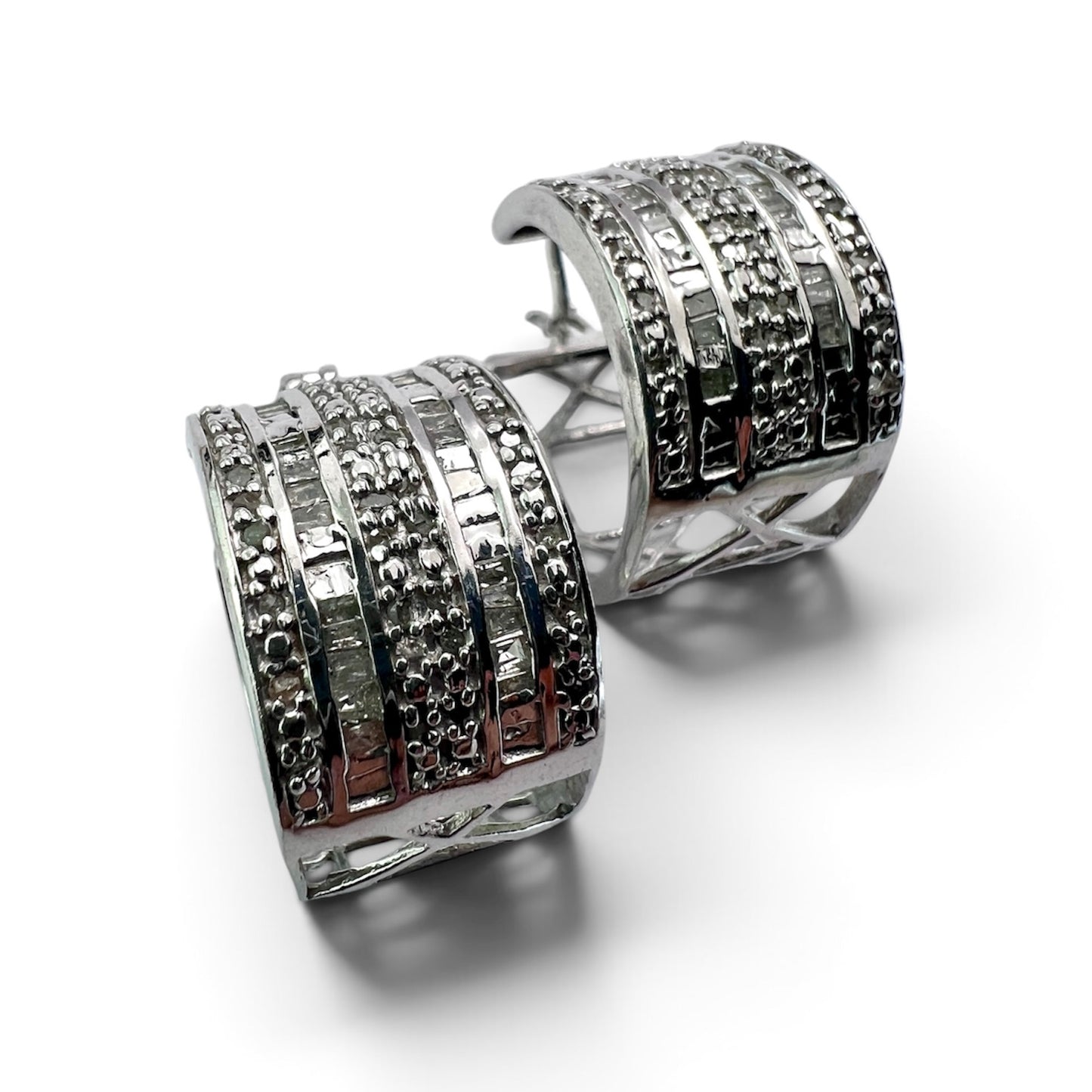 Wide Vintage Diamond Silver Hoop Earrings