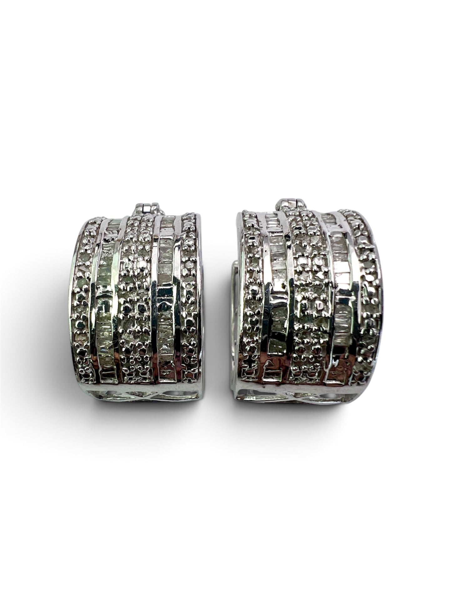 Wide Vintage Diamond Silver Hoop Earrings