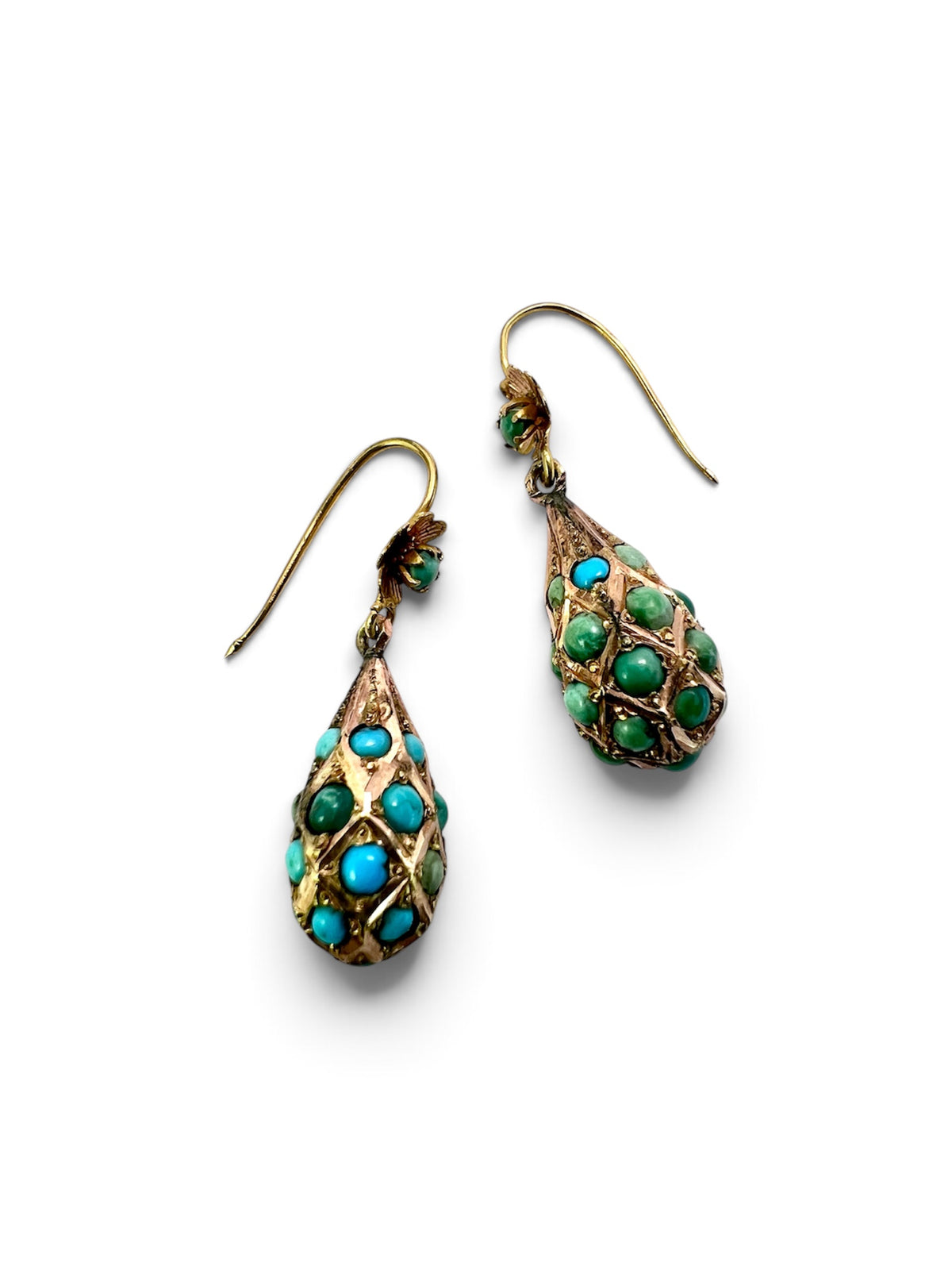 Victorian Gold Turquoise Dangling Teardrop Flower Earrings