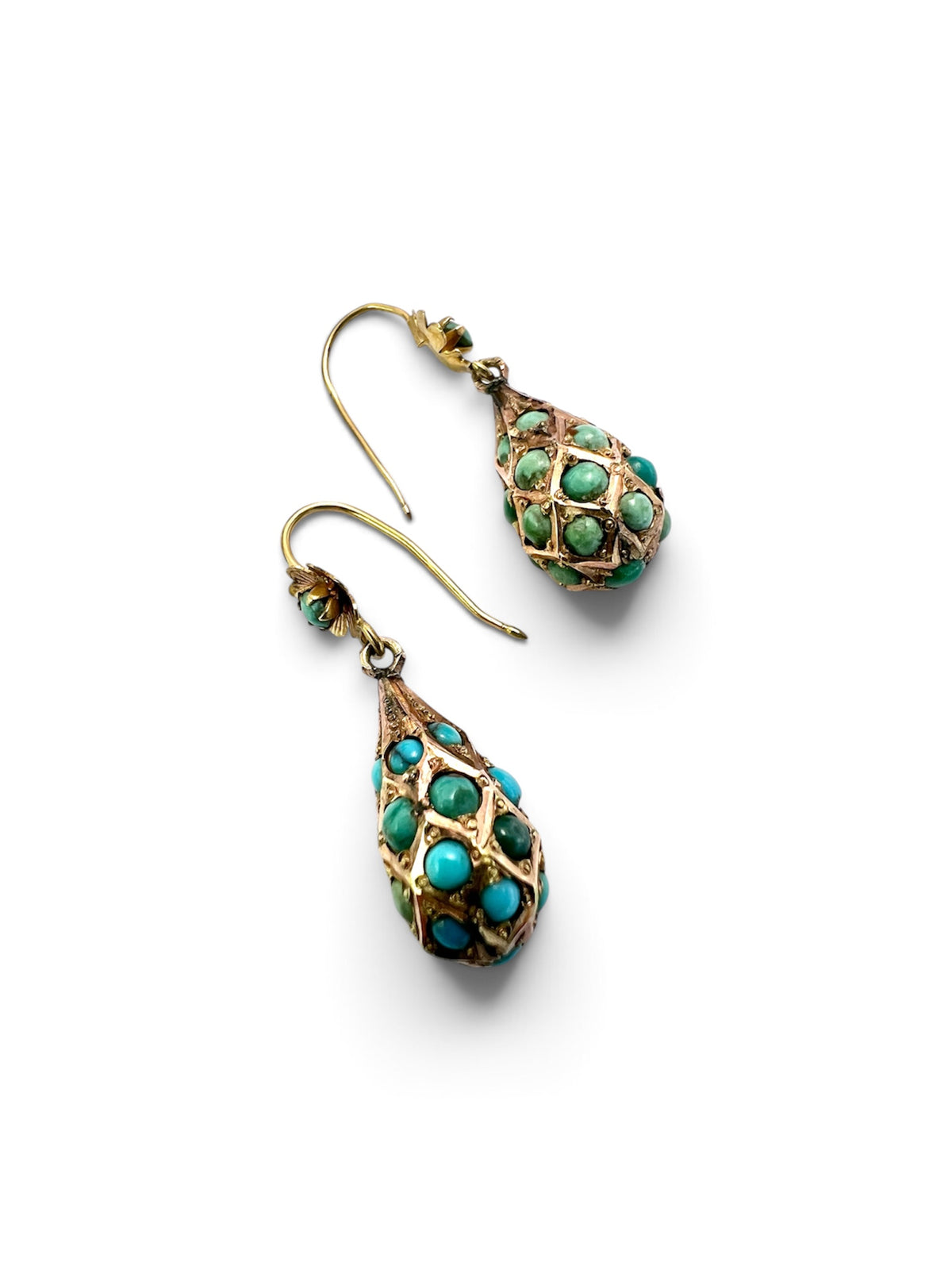 Victorian Gold Turquoise Dangling Teardrop Flower Earrings
