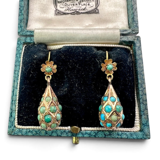Victorian Gold Turquoise Dangling Teardrop Flower Earrings