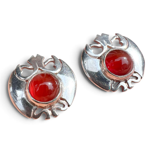 Vintage Arts and Crafts Style Silver Carnelian Earrings