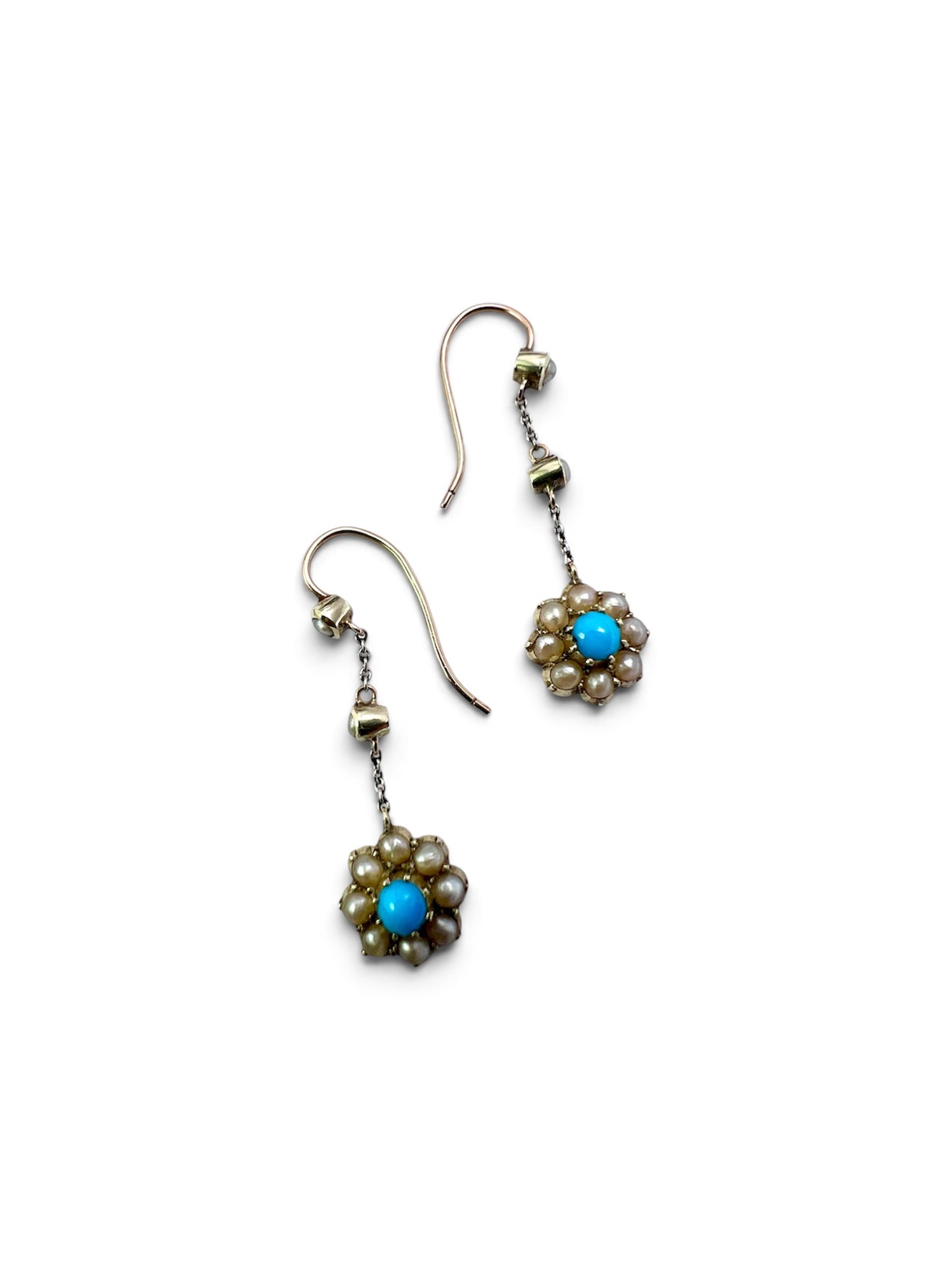 Edwardian Turquoise and Pearl Flower Drop Earrings
