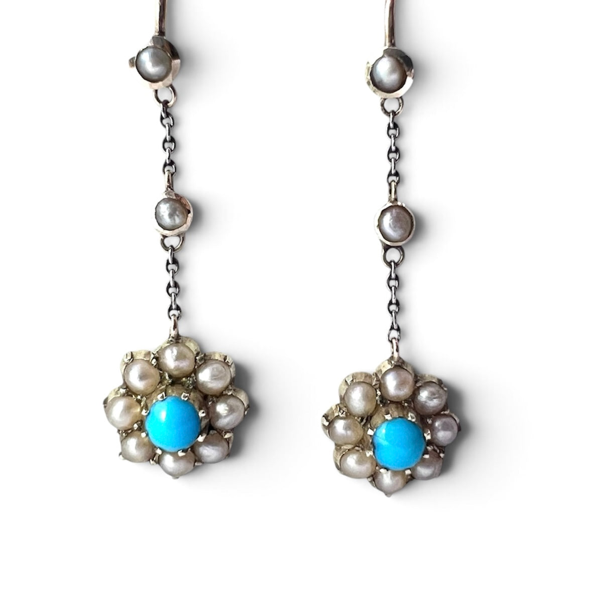 Edwardian Turquoise and Pearl Flower Drop Earrings