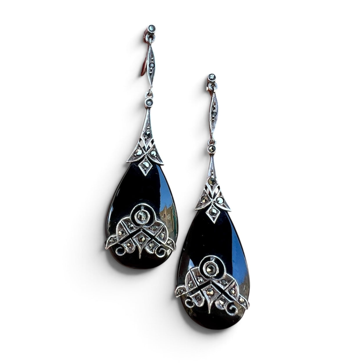 Art Deco Silver Onyx Marcasite Teardrop Earrings