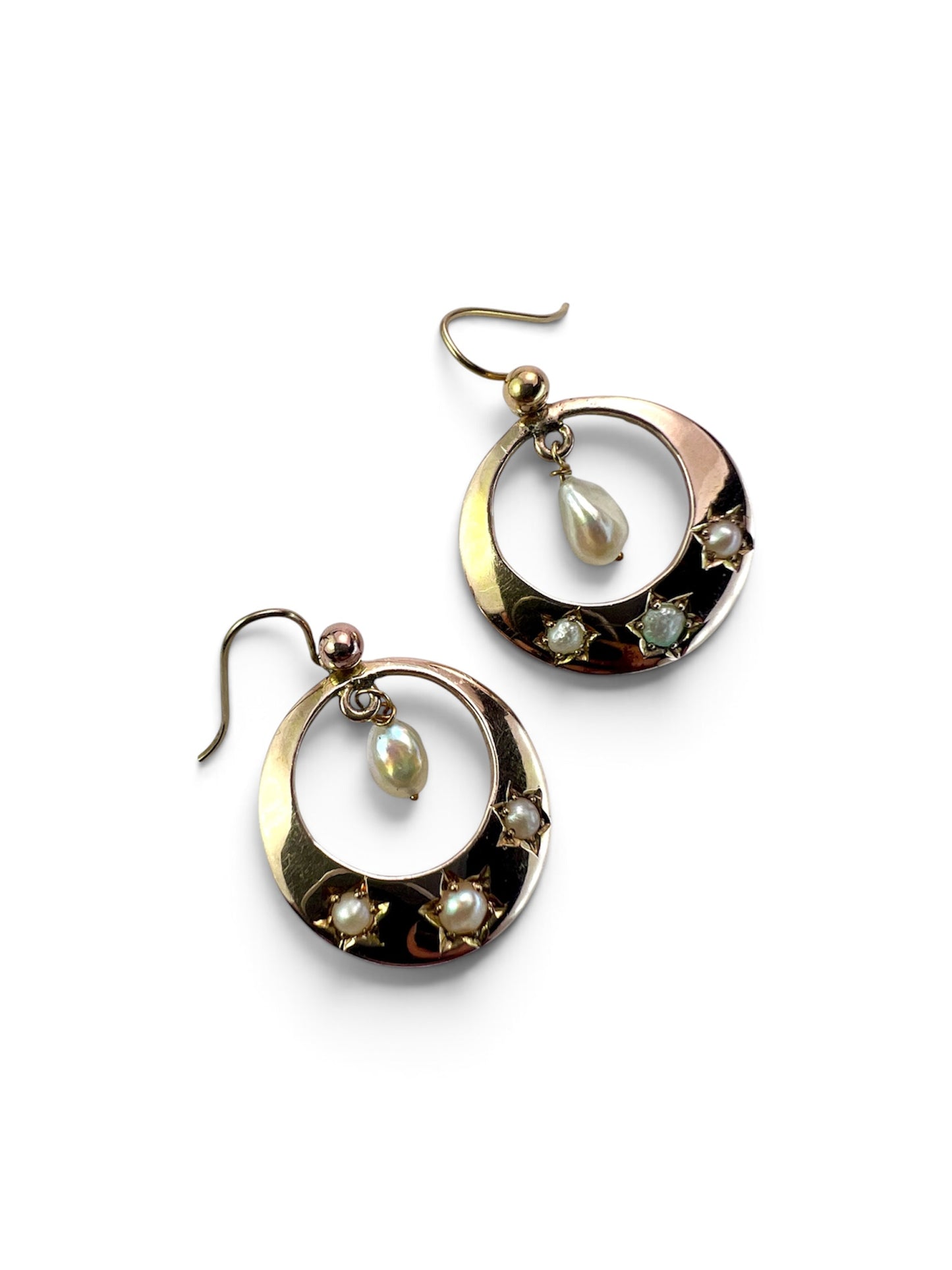 Victorian Star-set Pearl Gold Crescent Earrings