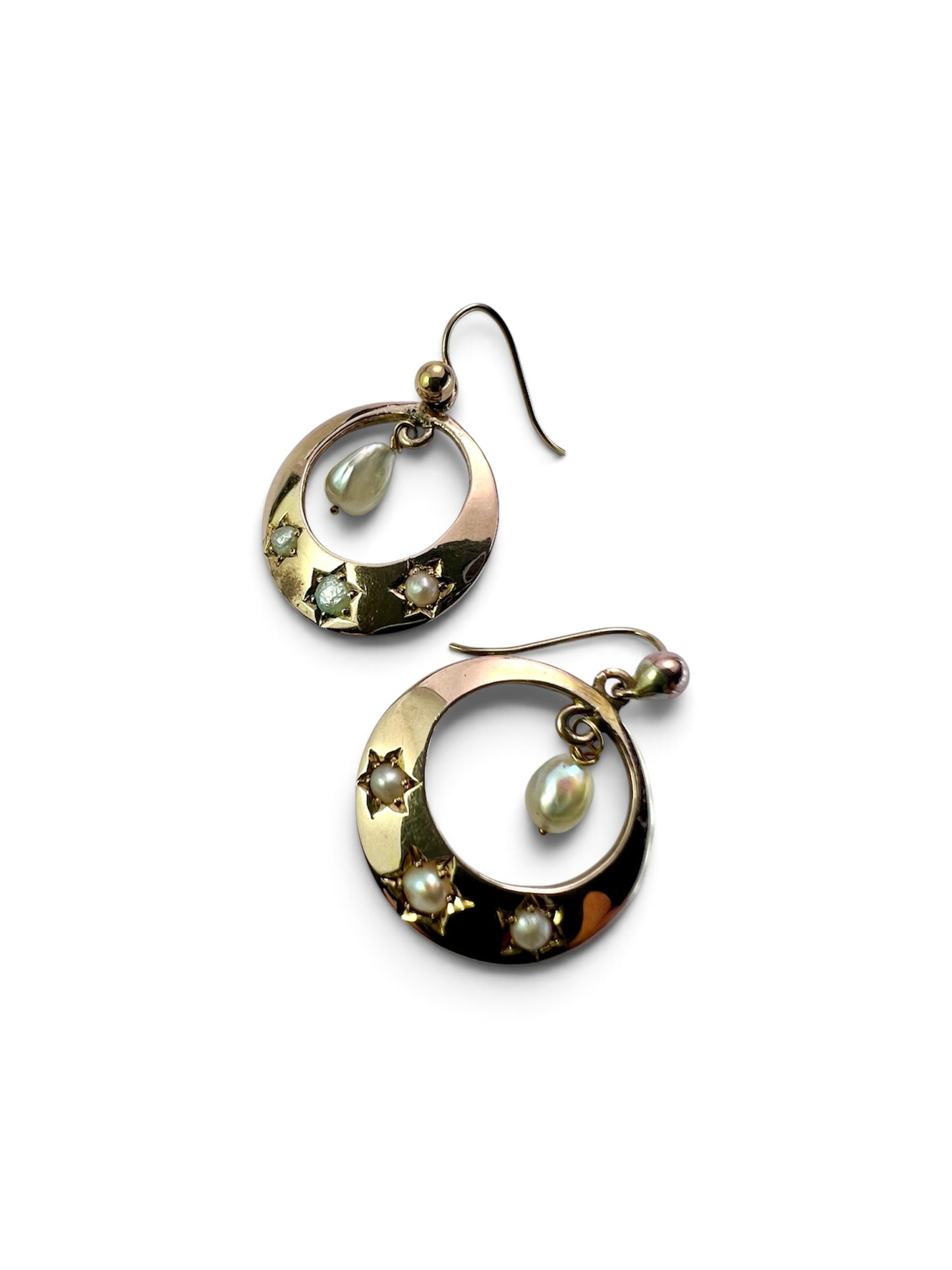 Victorian Star-set Pearl Gold Crescent Earrings