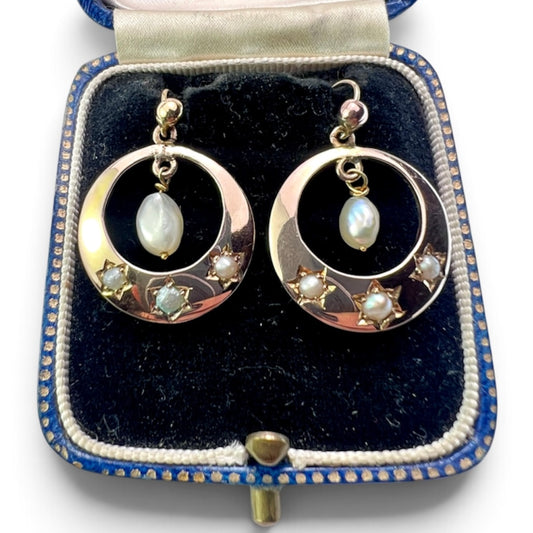 Victorian Star-set Pearl Gold Crescent Earrings
