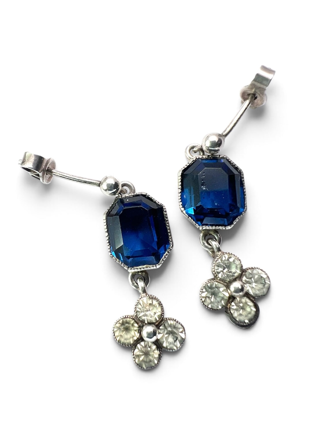 Art Deco Sapphire Paste Silver Earrings and Necklace Set