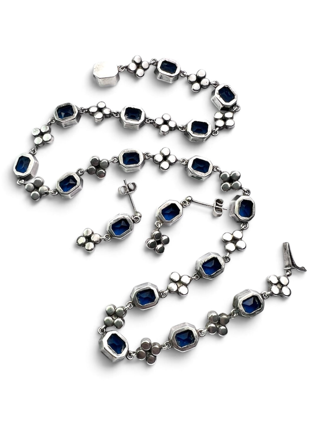 Art Deco Sapphire Paste Silver Earrings and Necklace Set