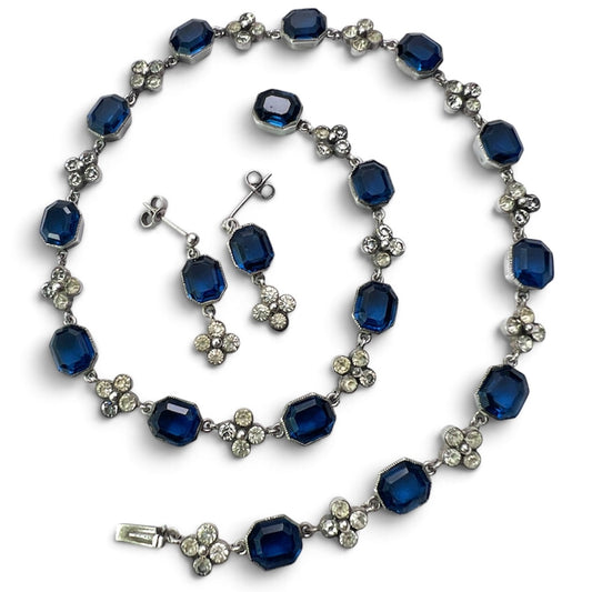 Art Deco Sapphire Paste Silver Earrings and Necklace Set